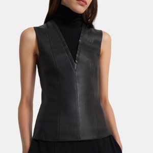 THEORY LEATHER COMBO SLEEVELESS RIBBED TURTLE NECK TOP sz S